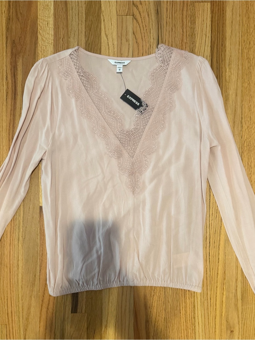 Express Lace-Trim V-Neck Long Sleeve Top in Light Blush